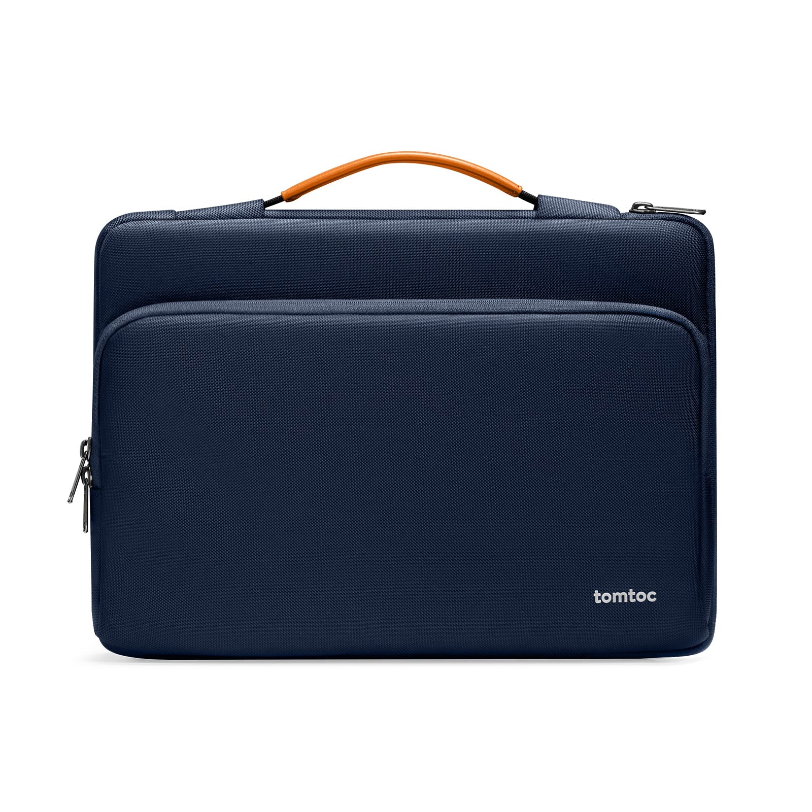 Navy blue laptop bag with orange handle on a white background