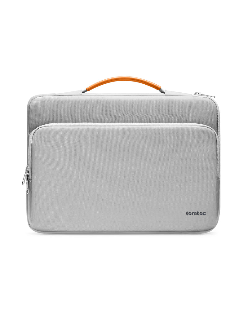 Gray laptop sleeve with orange handle on a white background
