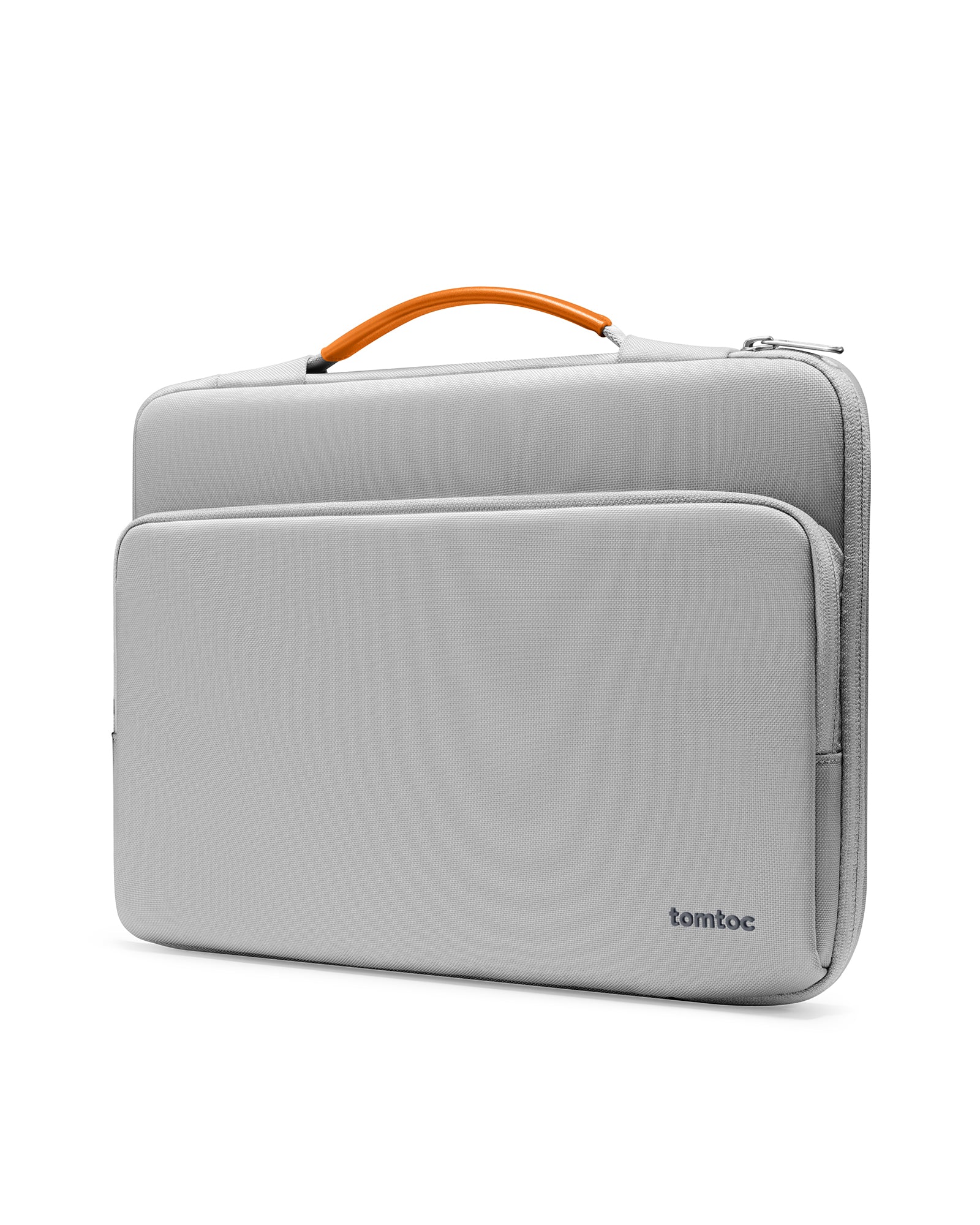 Gray laptop sleeve with orange handle on a white background