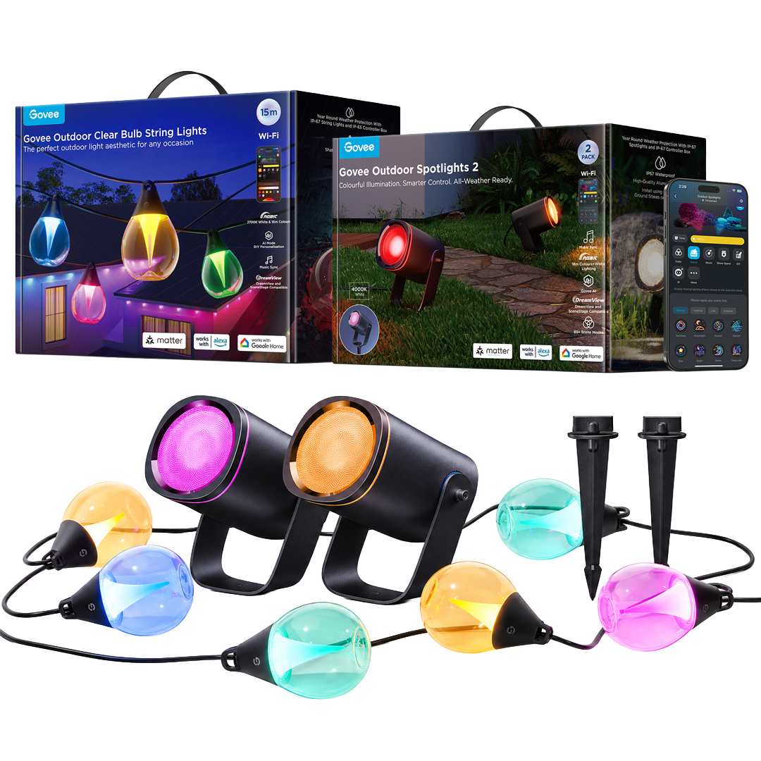 Govee Outdoor Smart Lighting Bundle (Govee Spot Lights 2-Pack and Govee String/Festoon Lights 15m) - CGSPSL2P Light Ropes & Strings