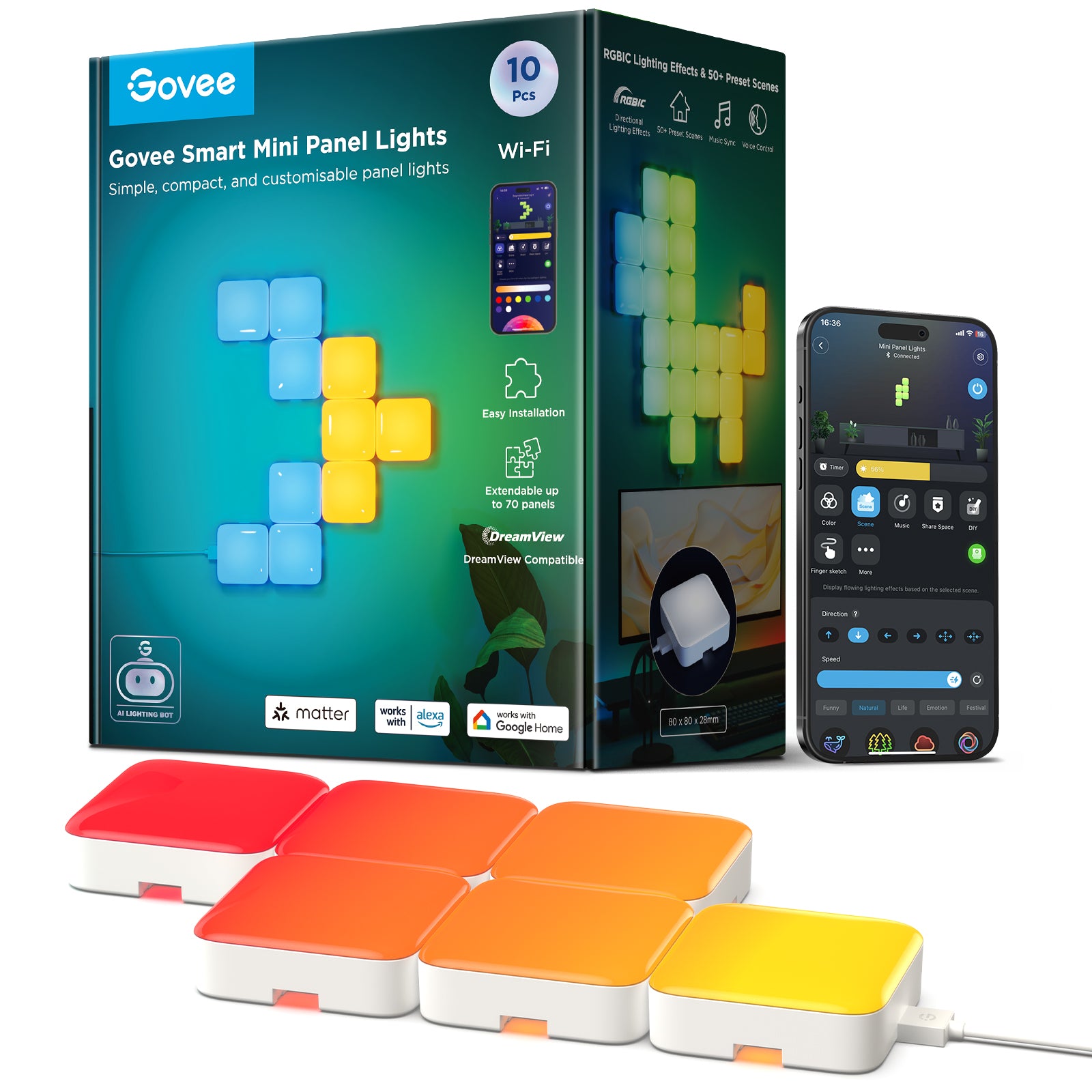 Govee RGBIC Mini Panel Light Kit – 10 Pack Smart Wall Panels (Matter Compatible)