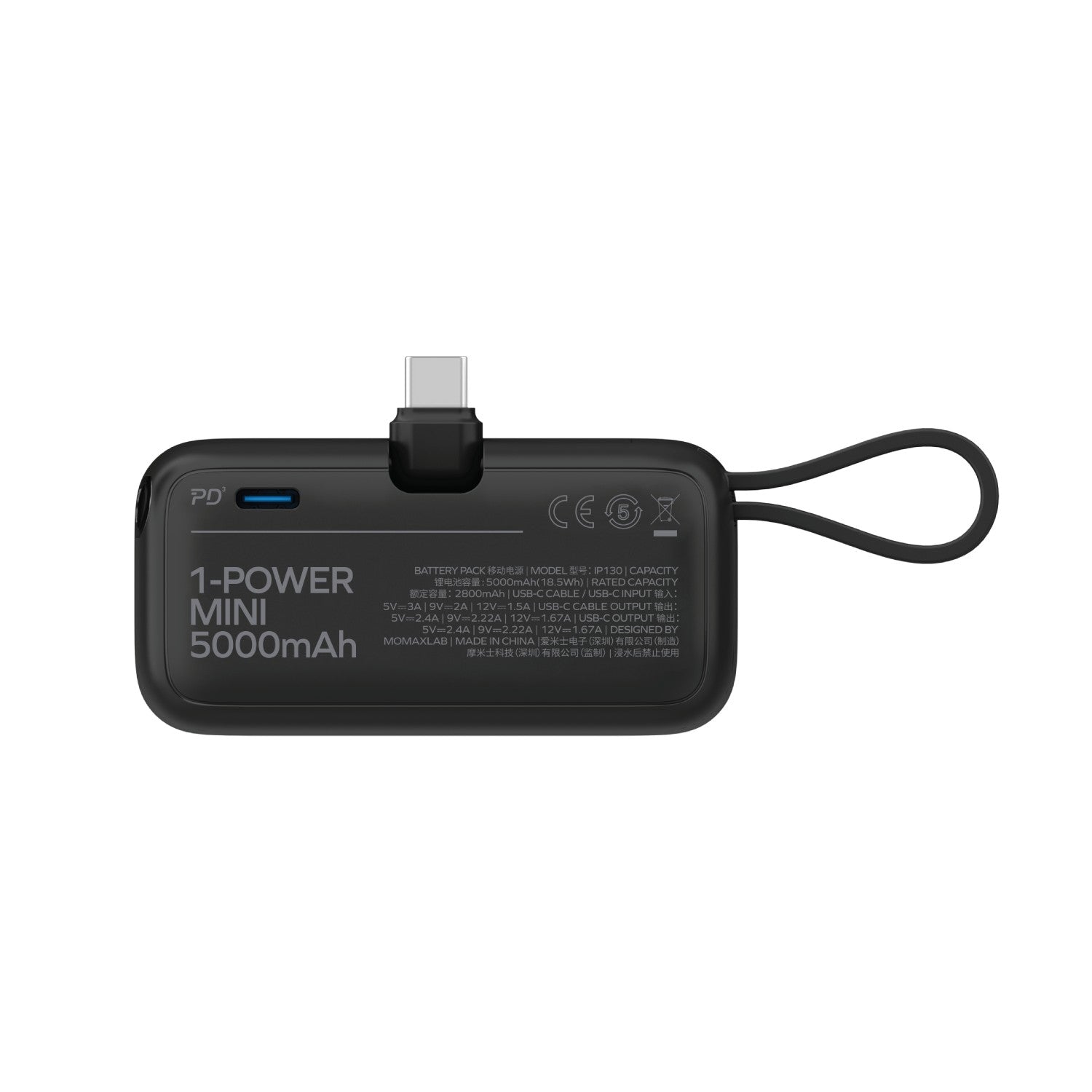 Momax 1-Power Mini 3-in-1 Power Bank 5000mAh USB-C (Black) - IP130D Power Banks