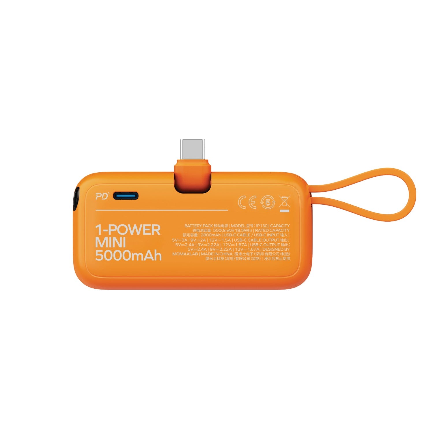 Momax 1-Power Mini 3-in-1 Power Bank 5000mAh USB-C (Orange) - IP130M Power Banks
