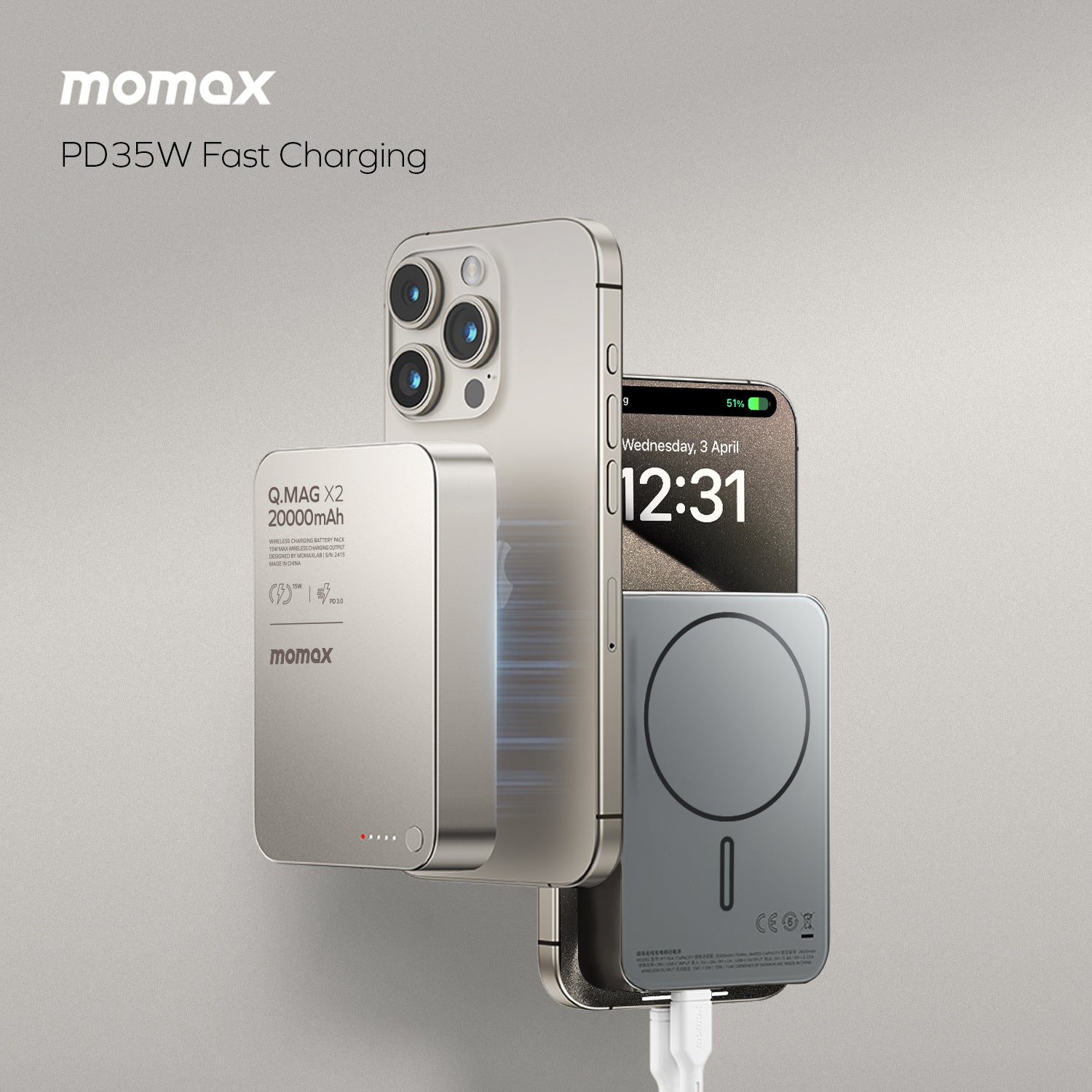 Momax Q.Mag X2 35W 20000mAh Wireless Power Bank (Desert Titanium) - IP133L2 Power Banks