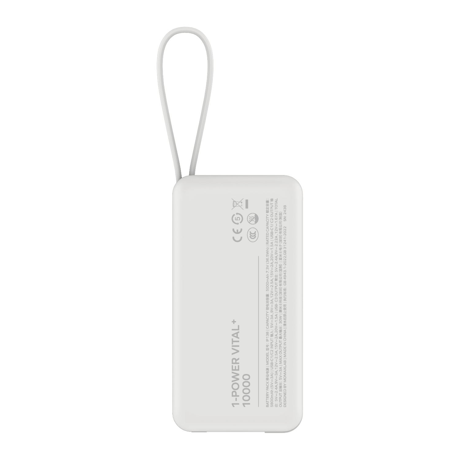 Momax 1-Power Vital+ 10000mAh Power Bank with Dual Built-in USB-C Cable (White) - IP138W Power Banks
