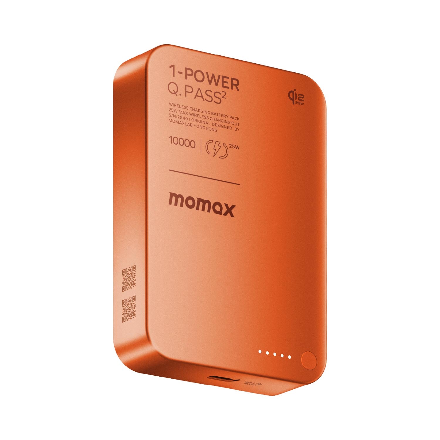 Momax 1-Power Q.Pass 2 10000mAh Qi2.2 Magnetic Wireless Power Bank (Orange) - IP168Q22M Power Banks