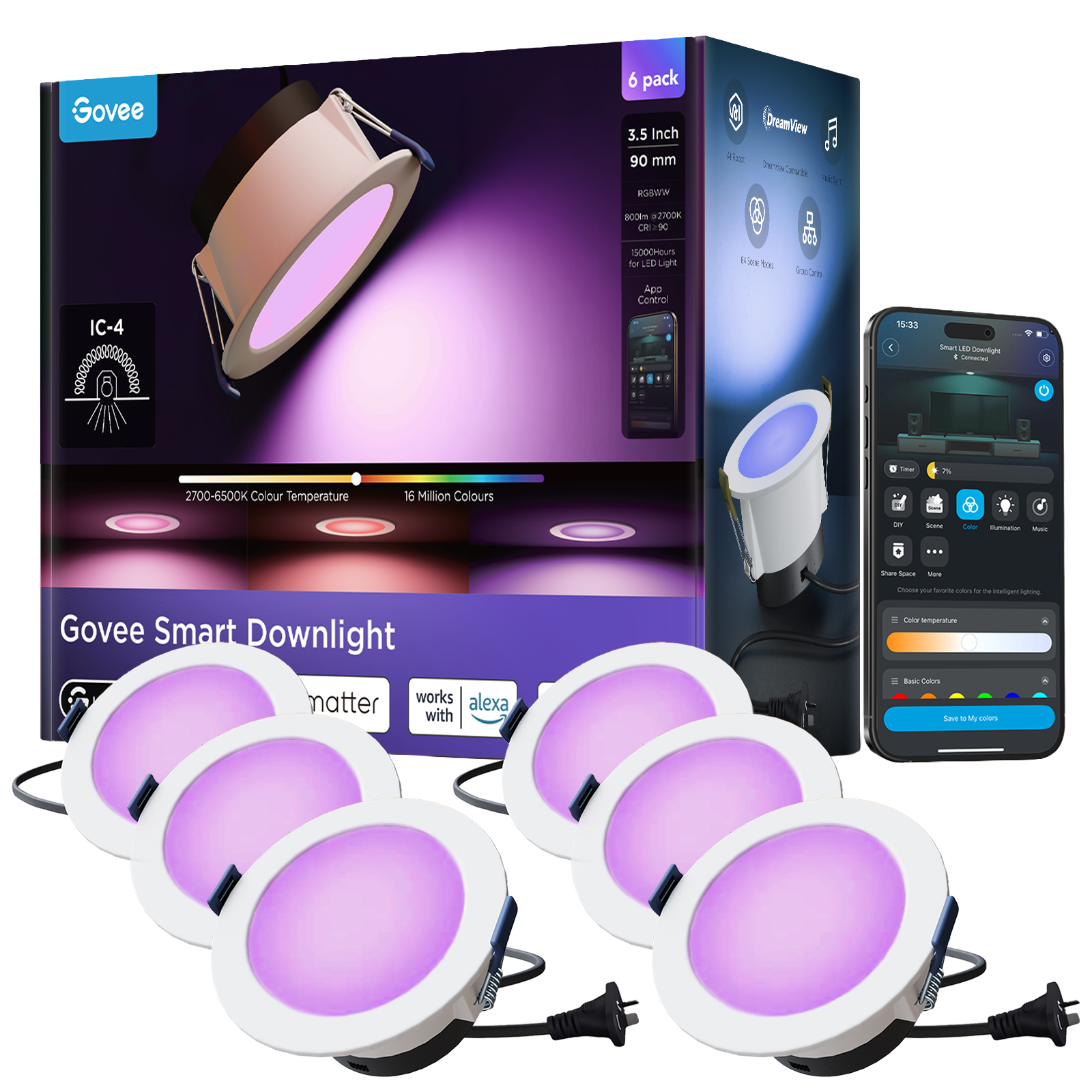 Govee Smart Colour Downlight 90mm 6-Pack Hard Bundle