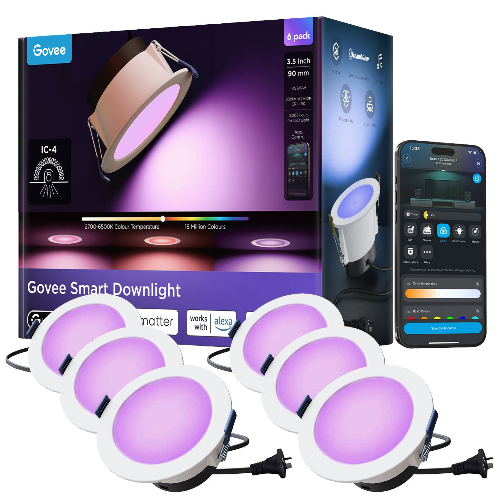 Govee Smart Colour Downlight 90mm 6-Pack Hard Bundle